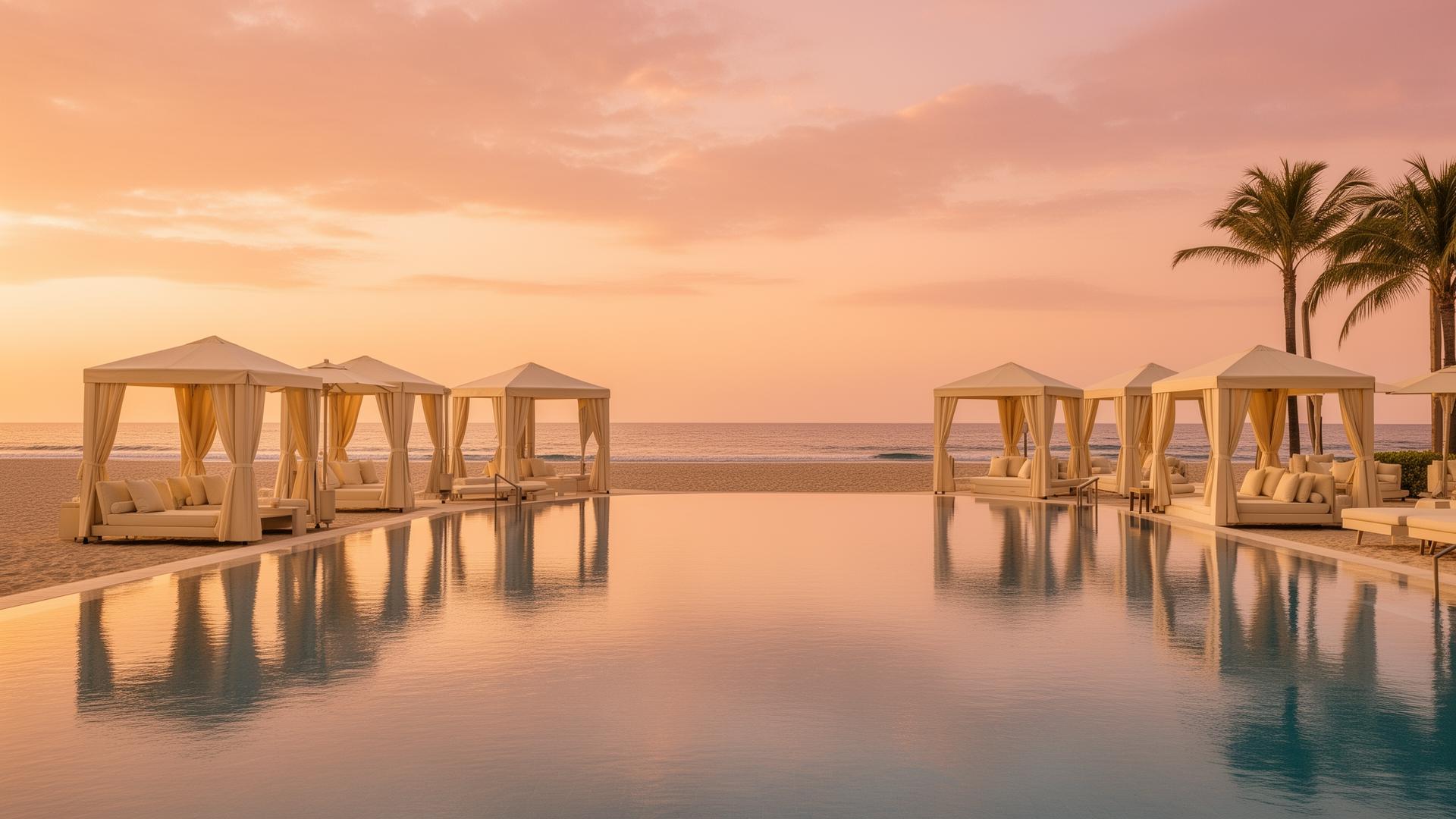 Luxury hotel beach pool at sunset